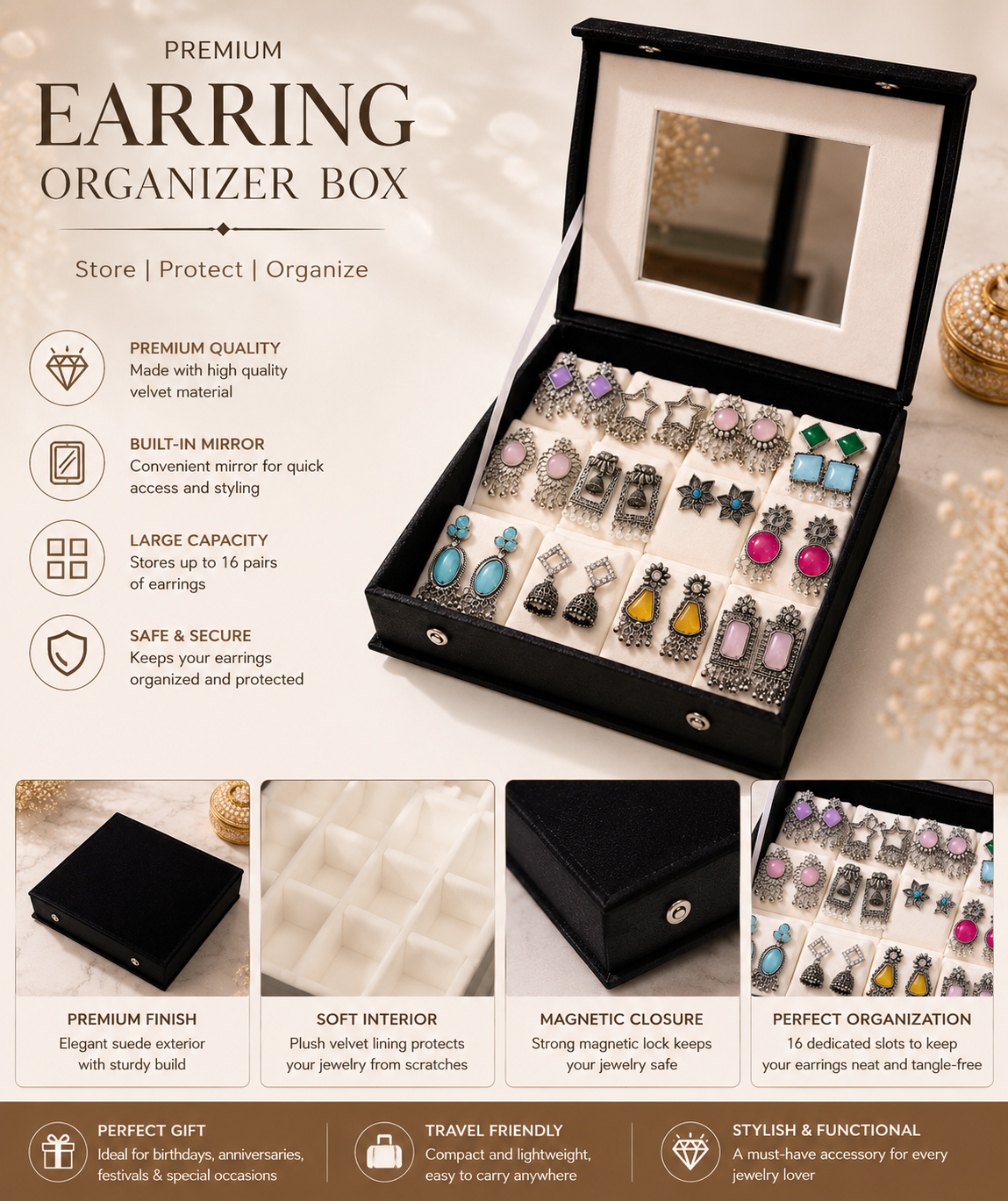 ✨ 16 Pair Premium Jhumka Organizer Box with Mirror ✨