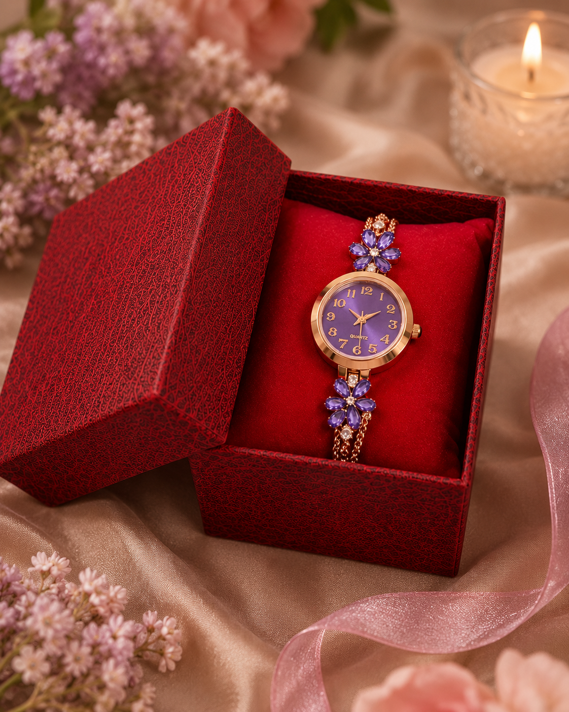 💜 Floral Crystal Bracelet Watch