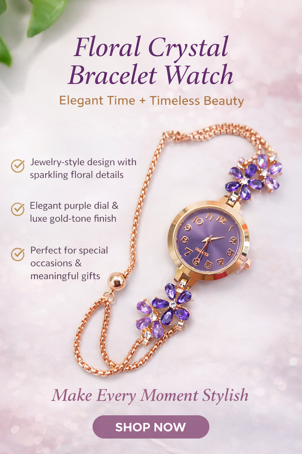 💜 Floral Crystal Bracelet Watch