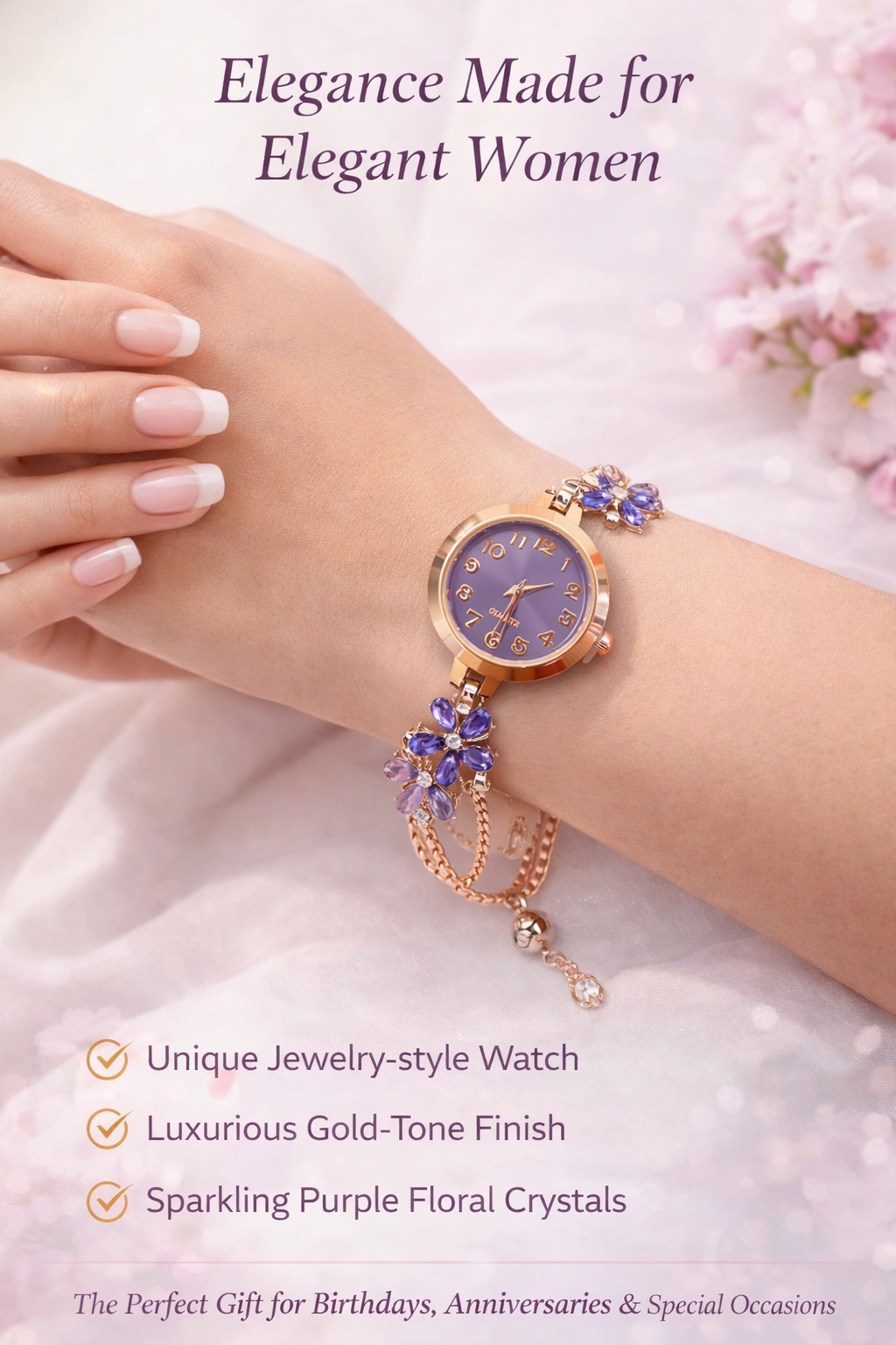 💜 Floral Crystal Bracelet Watch