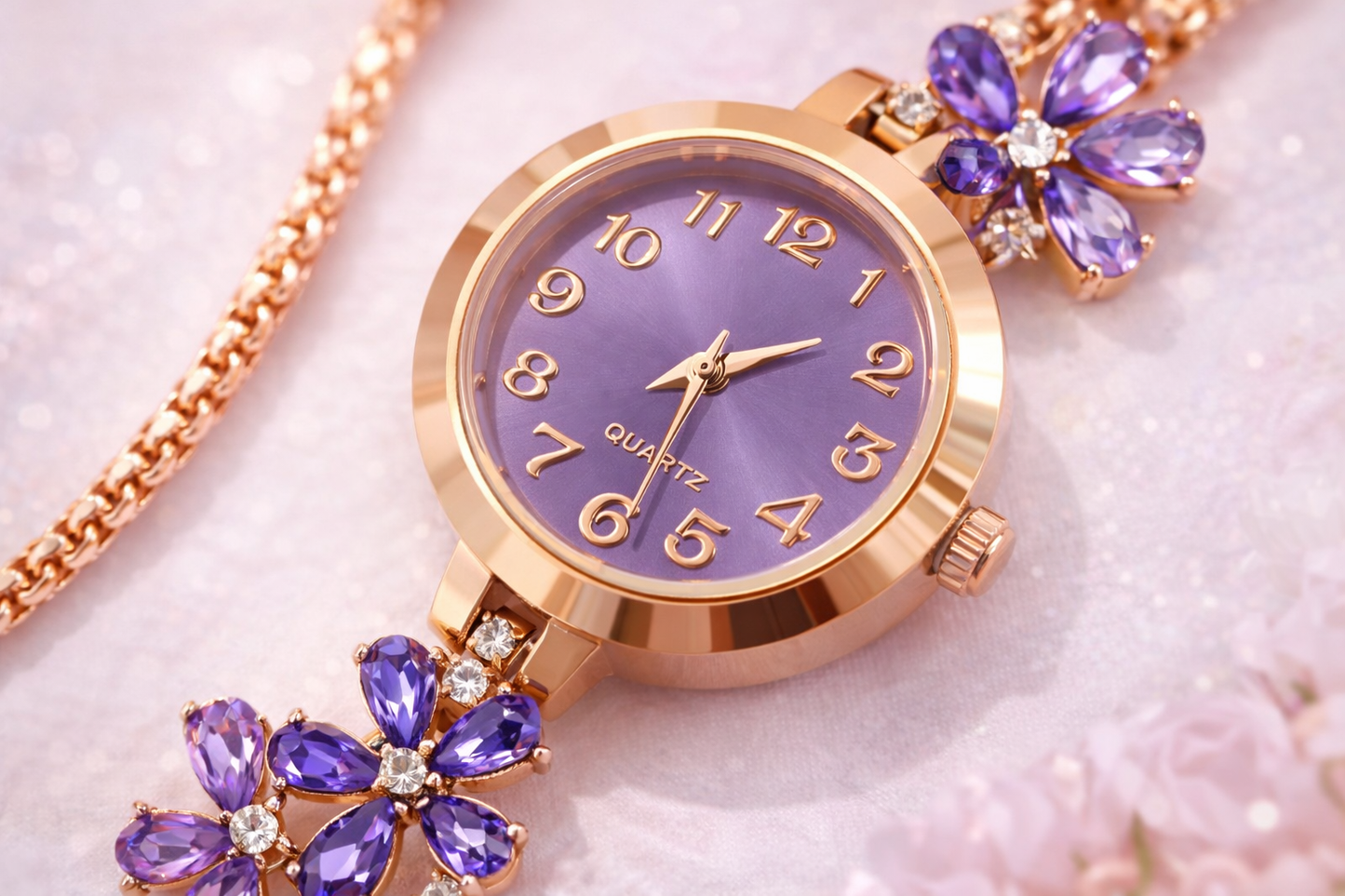 💜 Floral Crystal Bracelet Watch
