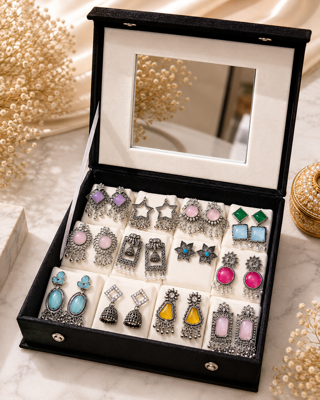✨ 16 Pair Premium Jhumka Organizer Box with Mirror ✨