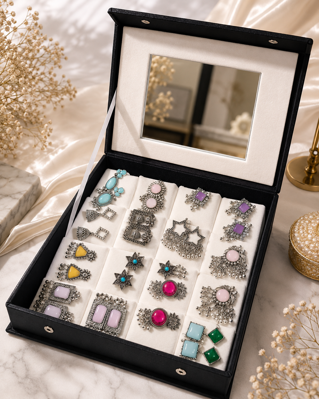 ✨ 16 Pair Premium Jhumka Organizer Box with Mirror ✨