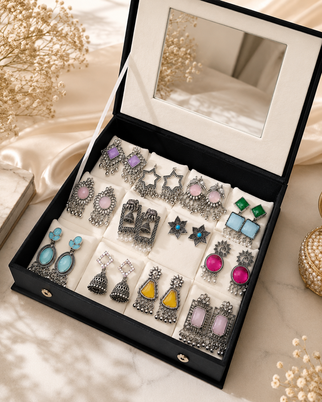 ✨ 16 Pair Premium Jhumka Organizer Box with Mirror ✨