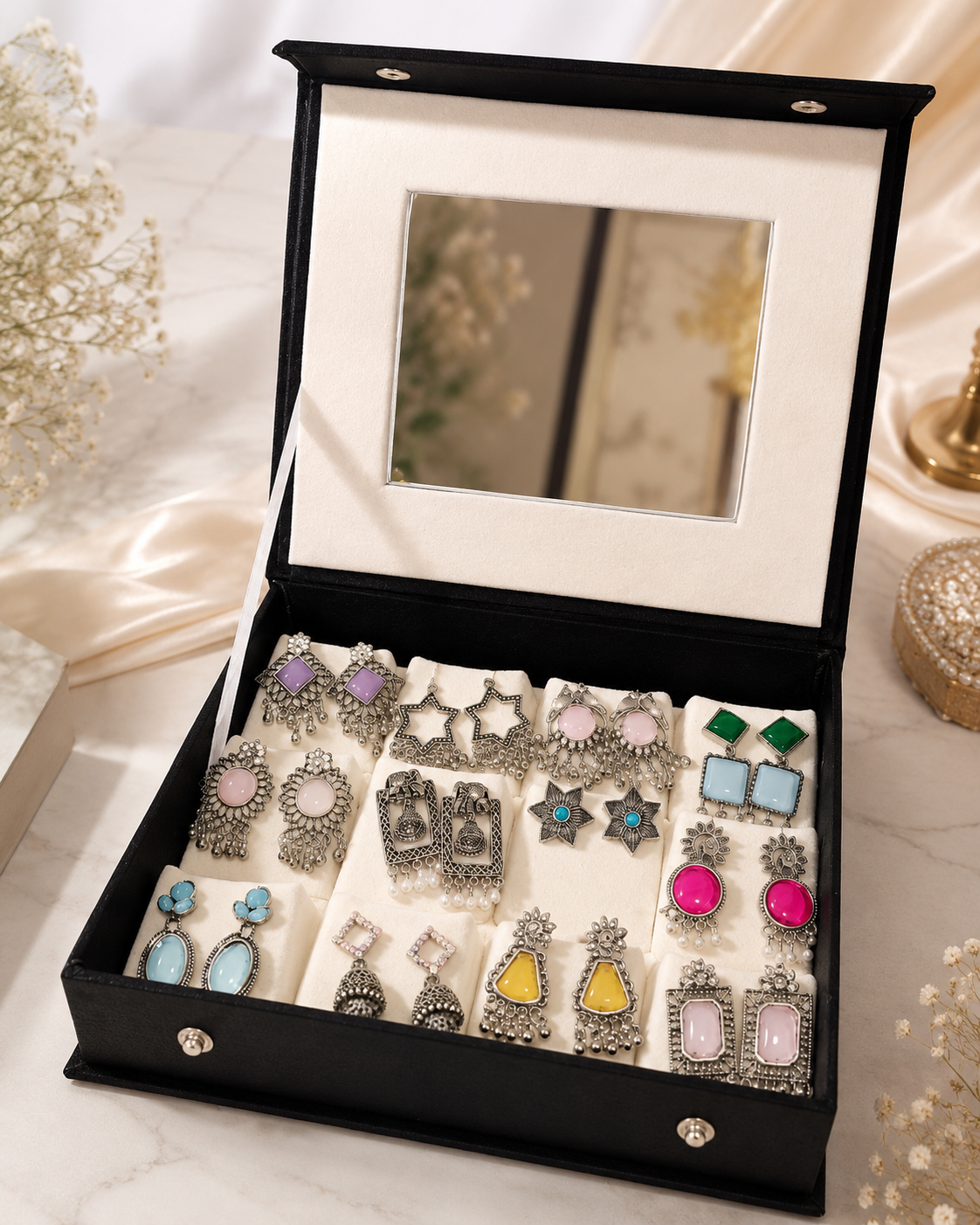 ✨ 16 Pair Premium Jhumka Organizer Box with Mirror ✨