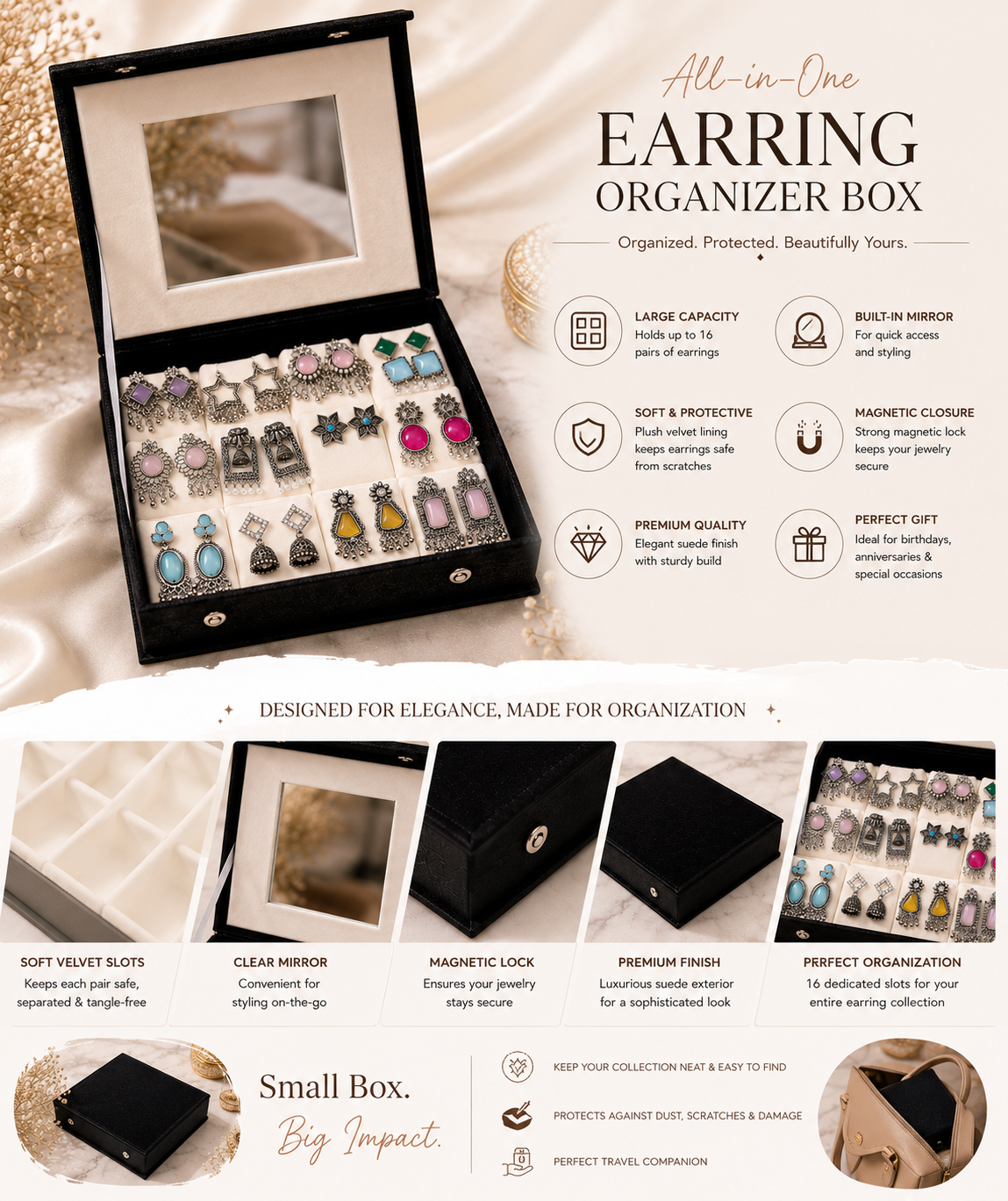 ✨ 16 Pair Premium Jhumka Organizer Box with Mirror ✨