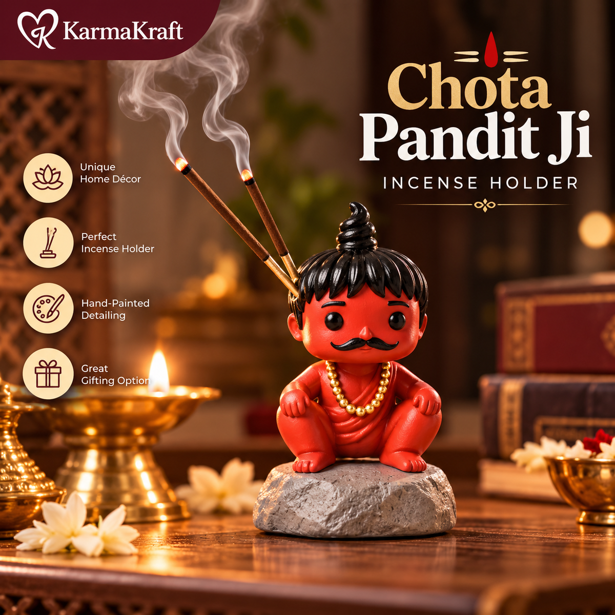 KarmaKraft Chota Pandit Ji 5-Inch Hand-Painted Incense Stick Holder