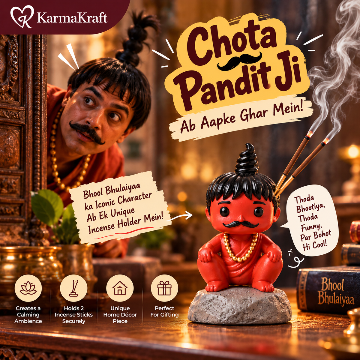 KarmaKraft Chota Pandit Ji 5-Inch Hand-Painted Incense Stick Holder