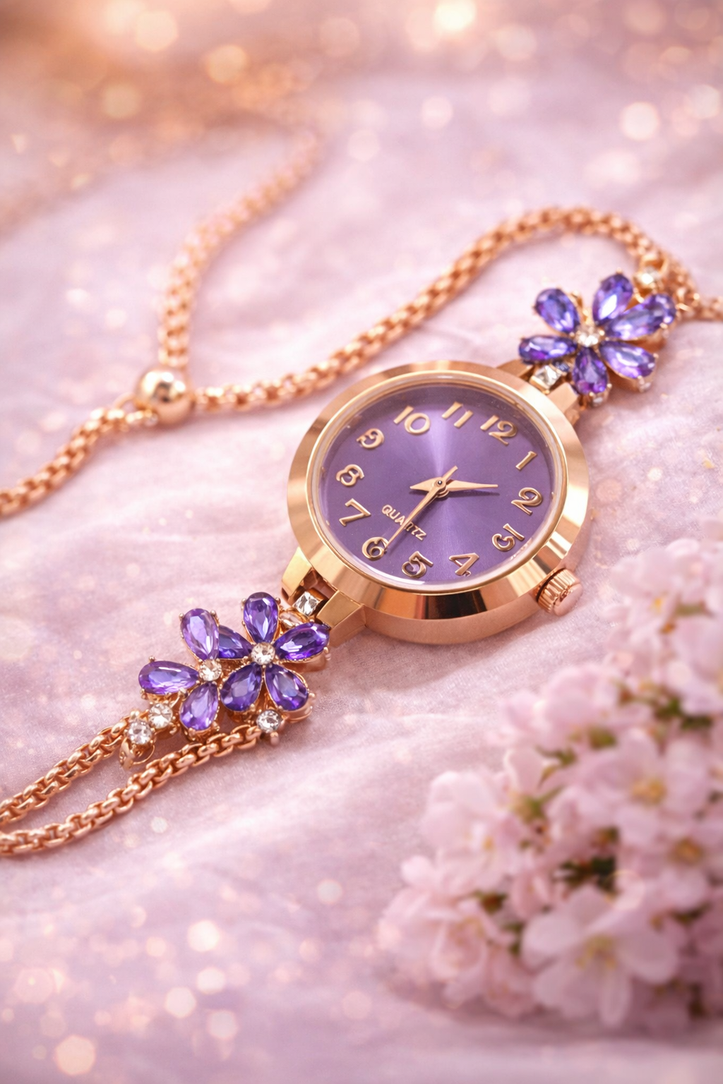 💜 Floral Crystal Bracelet Watch