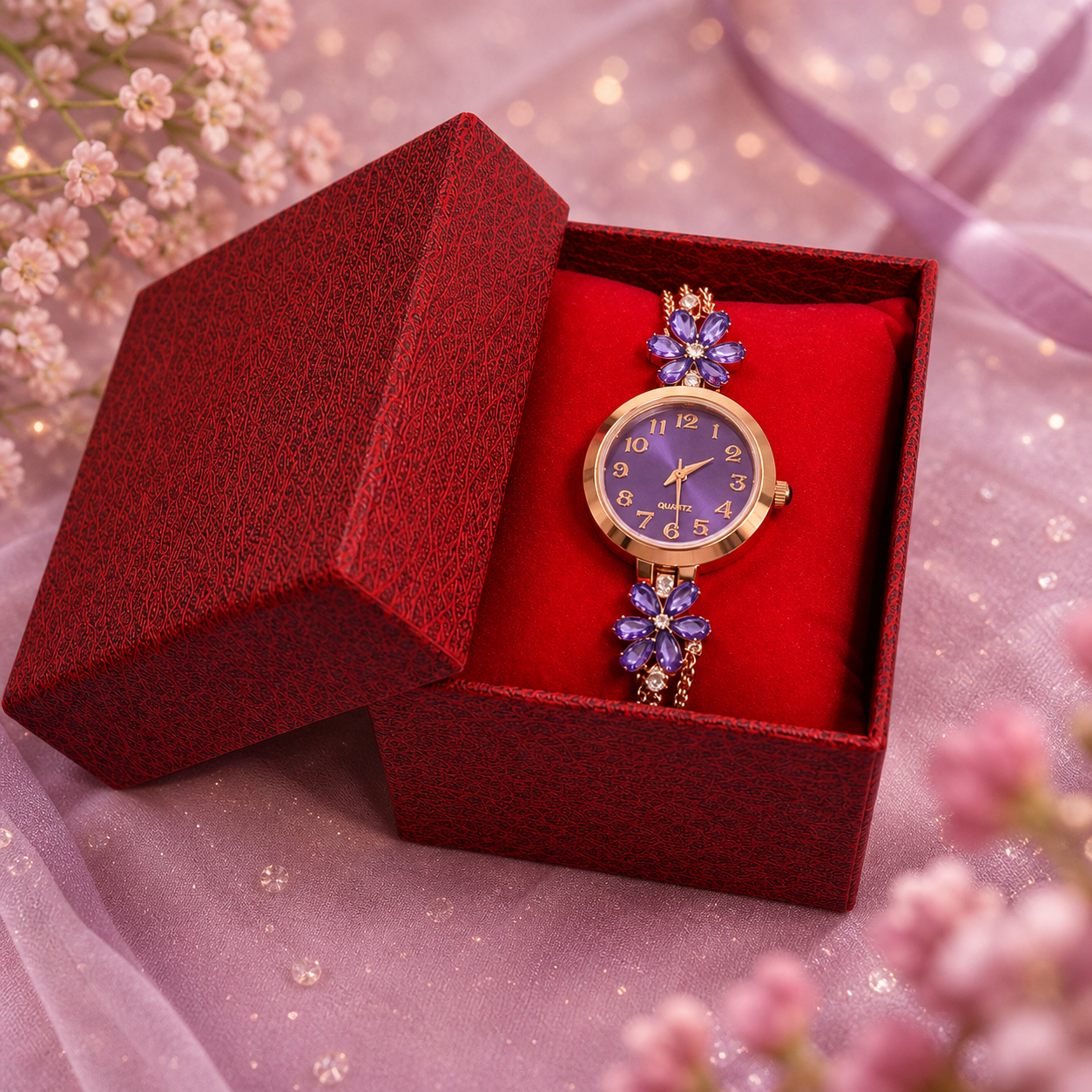💜 Floral Crystal Bracelet Watch